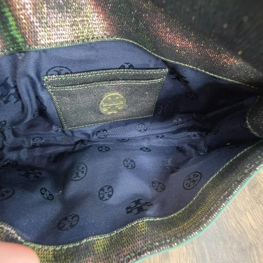 Tory Burch Austin Flap Clutch Bag Green Purple Iridescent Metallic Galaxy Cyber